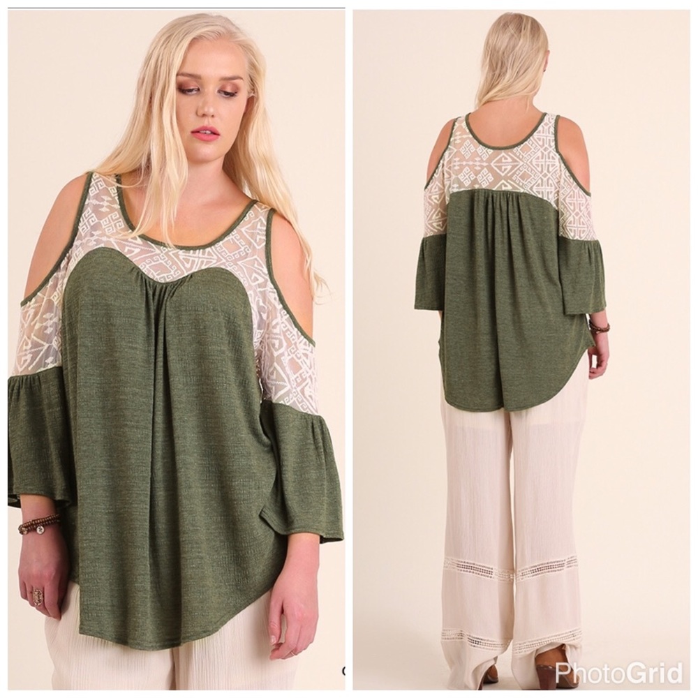 OLIVE GREEN TOP CUT OUT SHOULDER WITH LACE SWEETHEART LOOK FRONT 3/4 SLEEVE PLUS